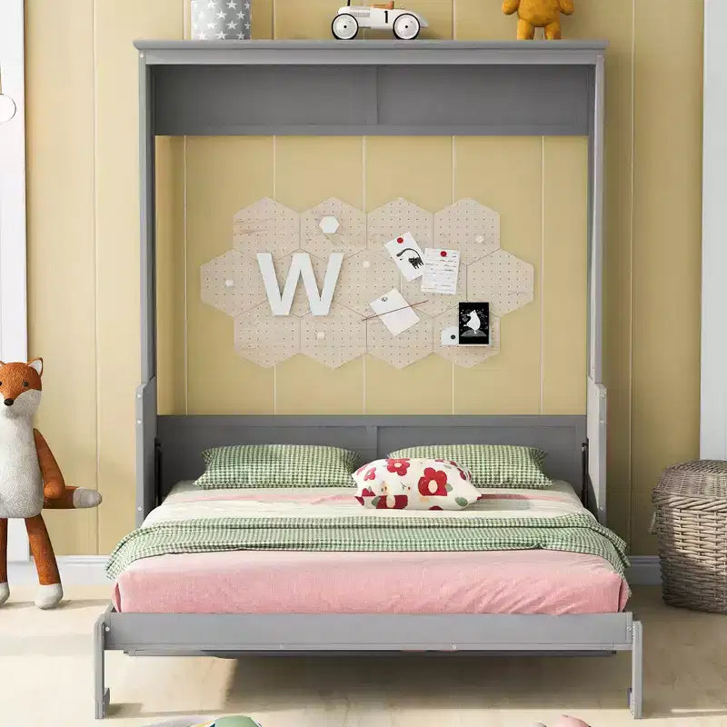 Queen Size Murphy Bed with Storage Shelf, Queen Wood Cabinet Beds Foldable Wall Bed Frame for Guest Room Home Office