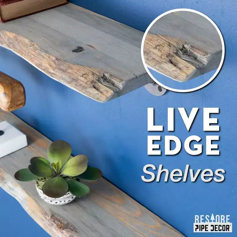 Pipe Decor 24 Riverstone Grey Live Edge Wood Shelf with L-Shaped Pipe Brackets (2-Pack)