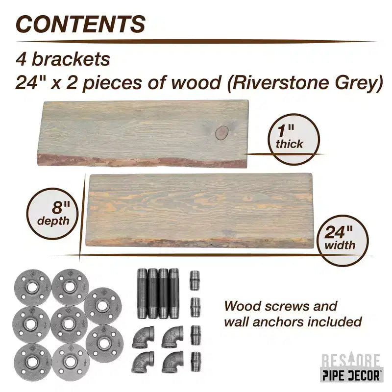 Pipe Decor 24 Riverstone Grey Live Edge Wood Shelf with L-Shaped Pipe Brackets (2-Pack)