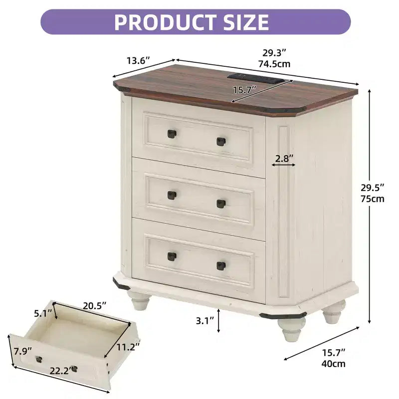 Nightstand with 3 Drawers Bedside Table Small Dresser for Bedroom Rustic White