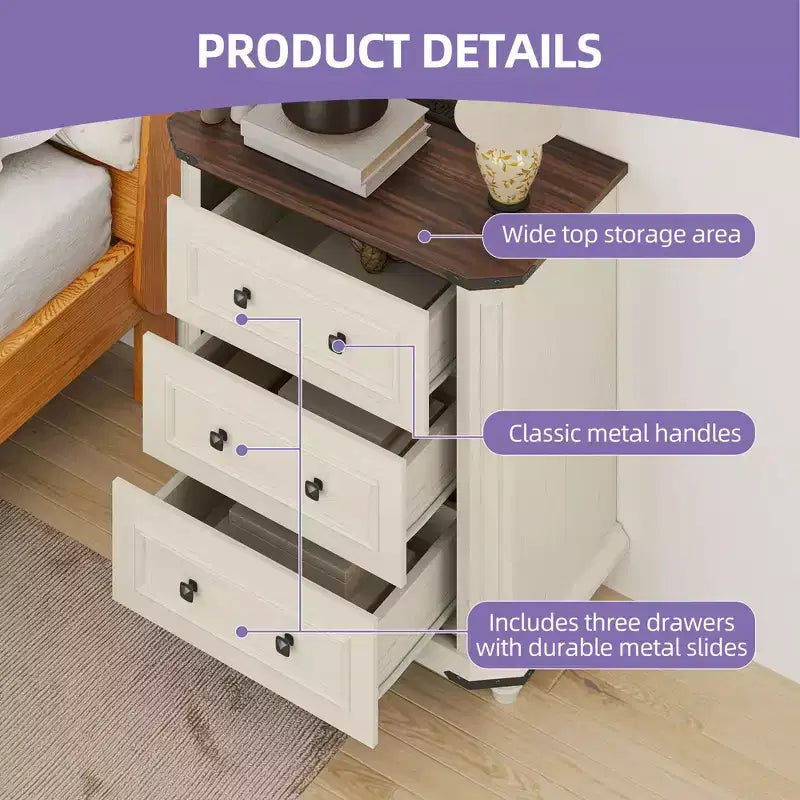 Nightstand with 3 Drawers Bedside Table Small Dresser for Bedroom Rustic White