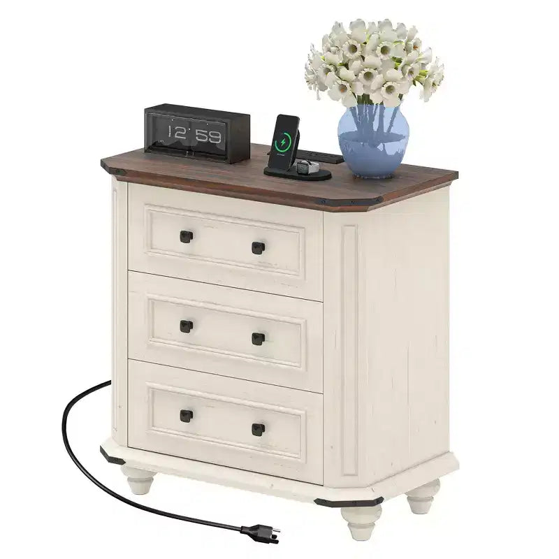 Nightstand with 3 Drawers Bedside Table Small Dresser for Bedroom Rustic White