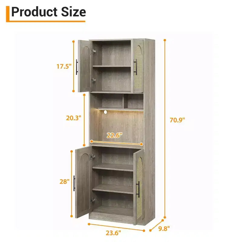 71 inch storage cabinet with LED strip light and microwave rack kitchen cabinet with adjustable shelves for dining room