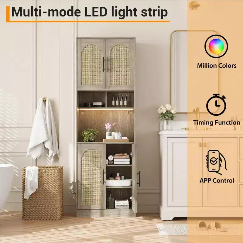 71 inch storage cabinet with LED strip light and microwave rack kitchen cabinet with adjustable shelves for dining room