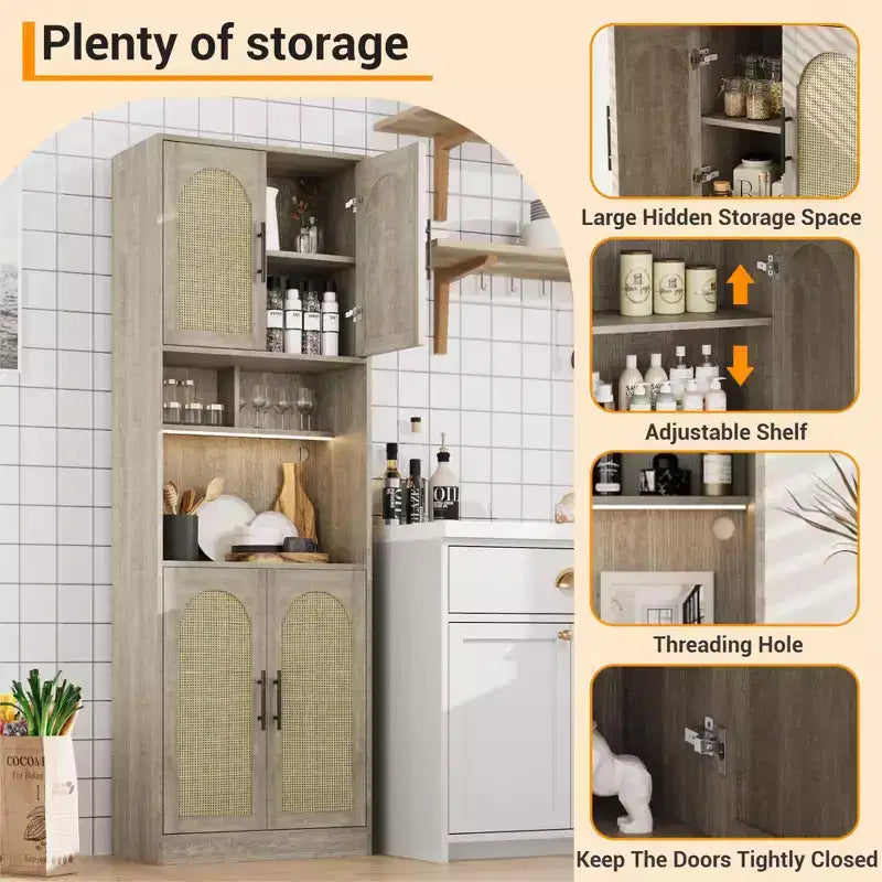 71 inch storage cabinet with LED strip light and microwave rack kitchen cabinet with adjustable shelves for dining room