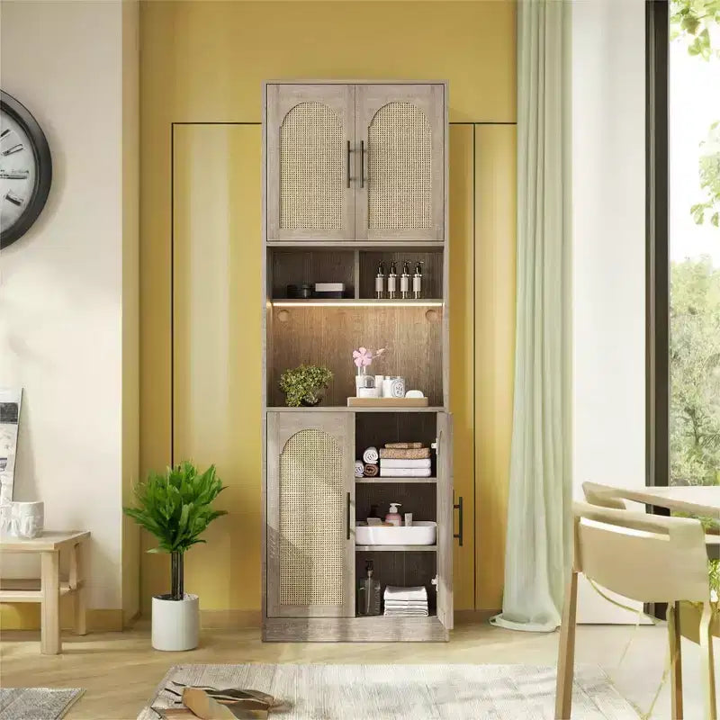 71 inch storage cabinet with LED strip light and microwave rack kitchen cabinet with adjustable shelves for dining room