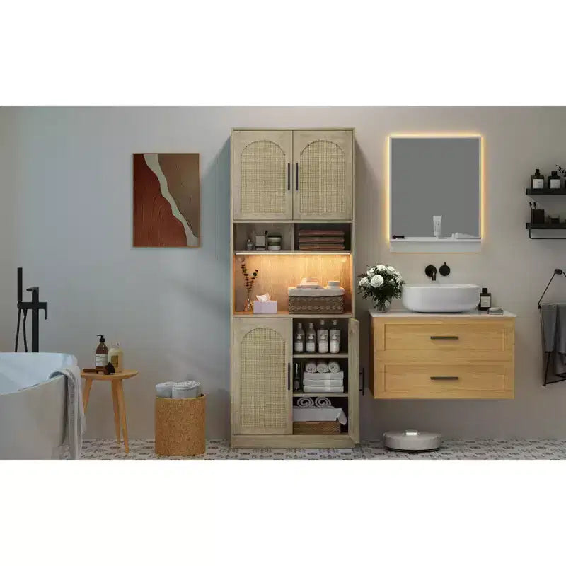 71 inch storage cabinet with LED strip light and microwave rack kitchen cabinet with adjustable shelves for dining room
