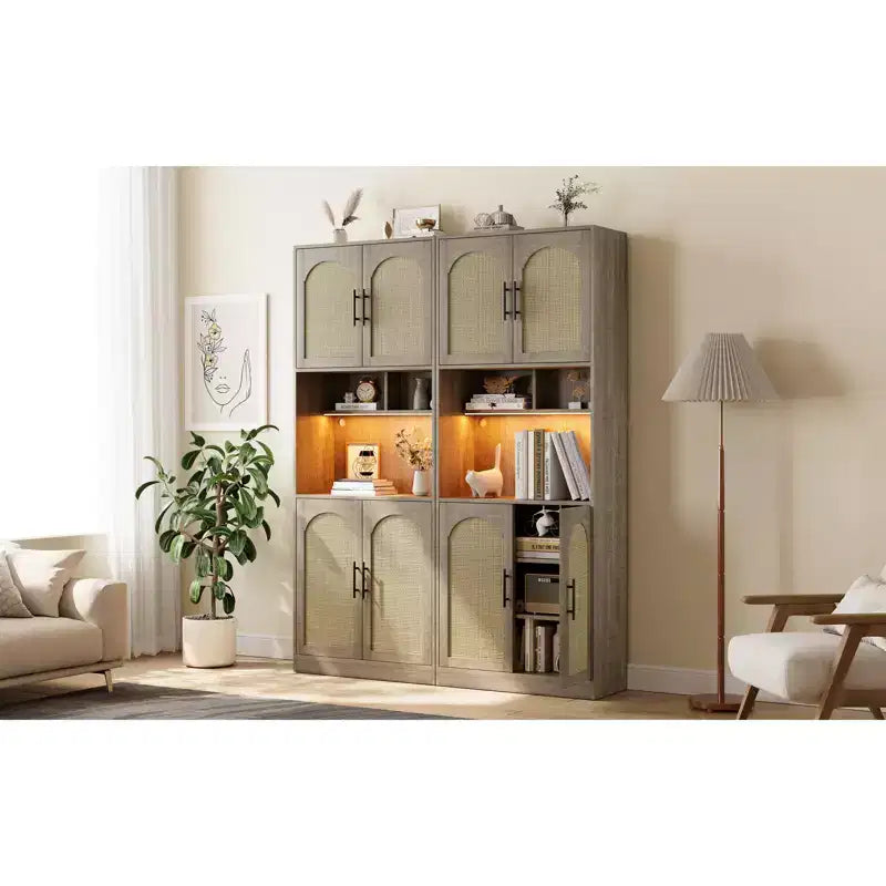 71 inch storage cabinet with LED strip light and microwave rack kitchen cabinet with adjustable shelves for dining room