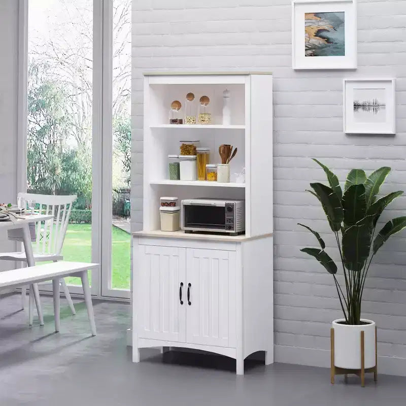70 Kitchen Hutch, Freestanding Storage Pantry Cabinet with 3-Tier Shelving, Sideboard with Adjustable Shelves and Open Countertop