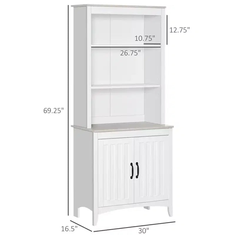 70 Kitchen Hutch, Freestanding Storage Pantry Cabinet with 3-Tier Shelving, Sideboard with Adjustable Shelves and Open Countertop