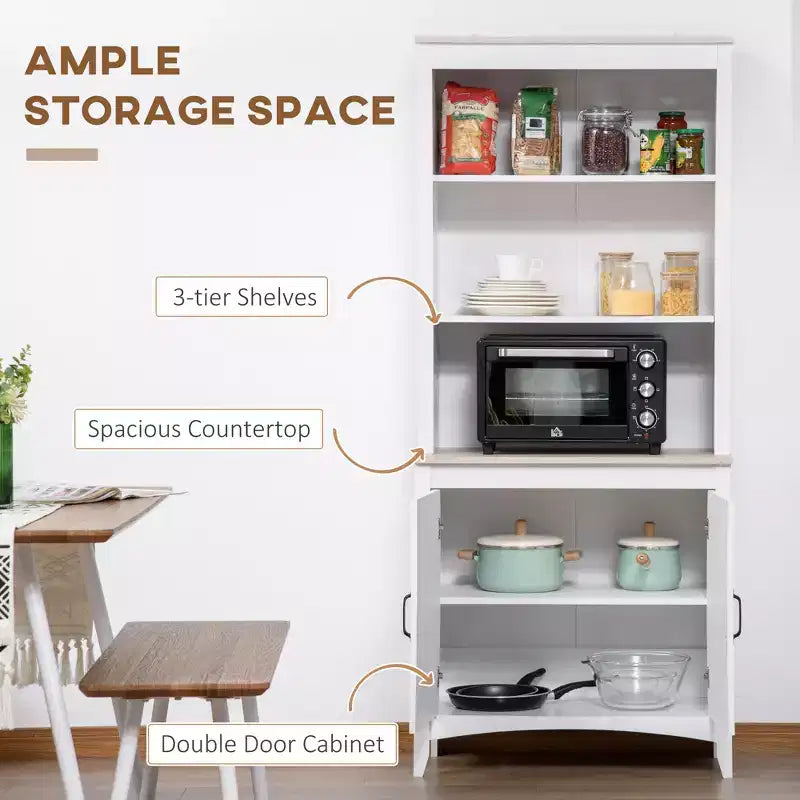 70 Kitchen Hutch, Freestanding Storage Pantry Cabinet with 3-Tier Shelving, Sideboard with Adjustable Shelves and Open Countertop