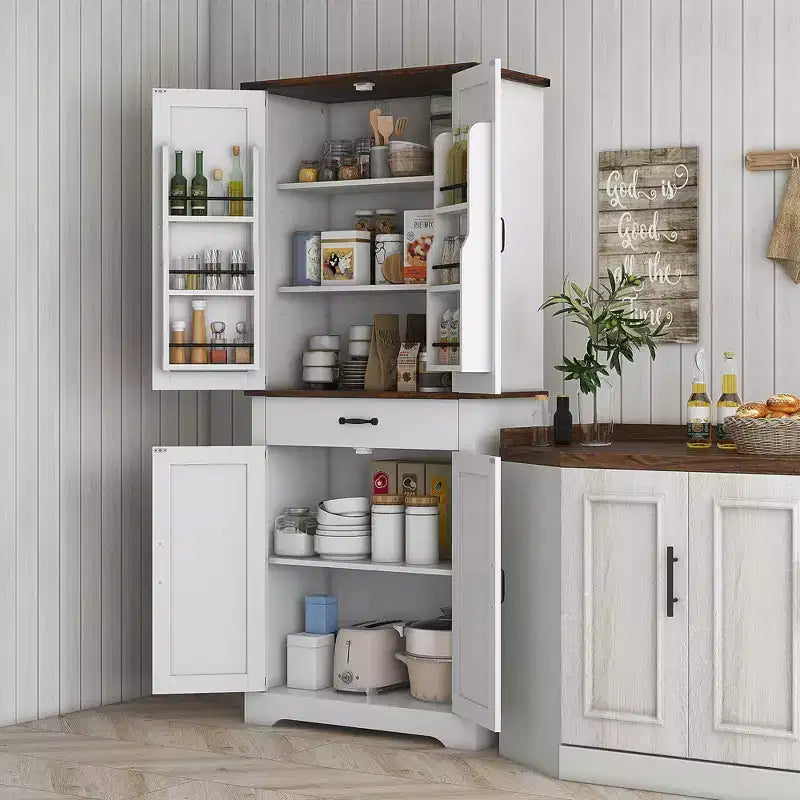 71 Tall Kitchen Cabinet, Farmhouse Pantry Cabinet w/ Barn Doors, 6 Shelves w/ 2 Doors, Drawer and Adjustable Shelves
