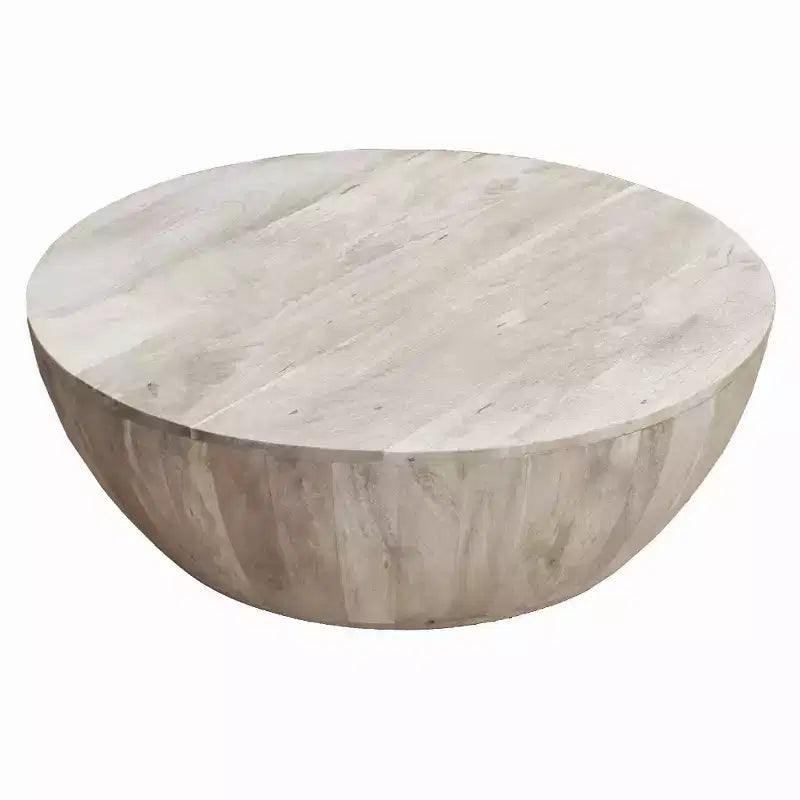 Royal Hampton 35.5 Inch Round Mango Wood Coffee Table, Subtle Grains, Distressed White