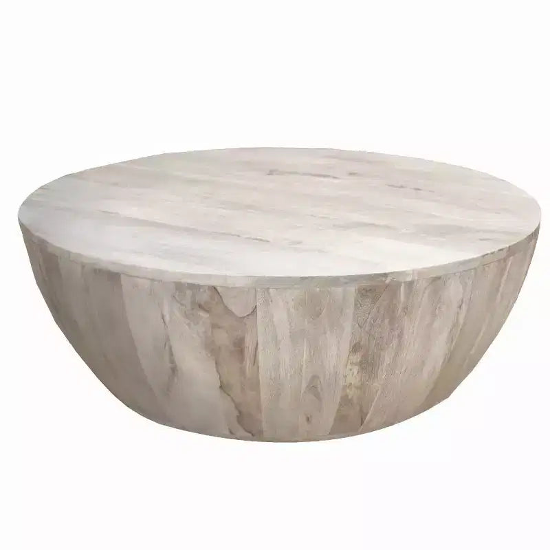 Royal Hampton 35.5 Inch Round Mango Wood Coffee Table, Subtle Grains, Distressed White