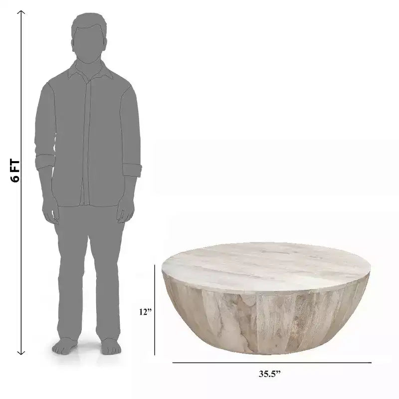 Royal Hampton 35.5 Inch Round Mango Wood Coffee Table, Subtle Grains, Distressed White