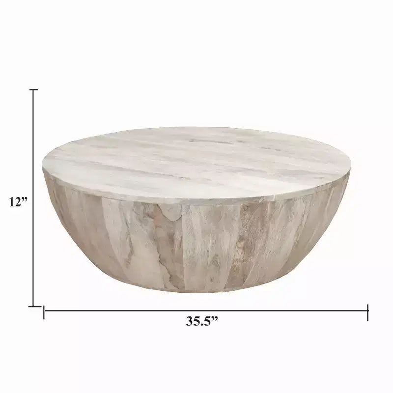Royal Hampton 35.5 Inch Round Mango Wood Coffee Table, Subtle Grains, Distressed White
