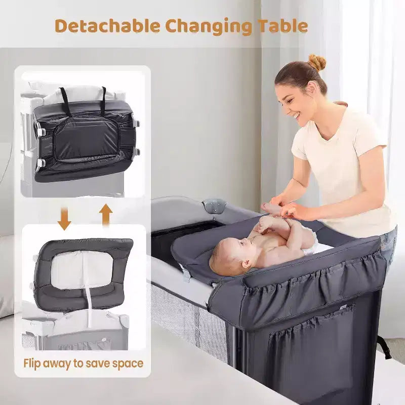 JOYMOR 5 in 1 Pack and Play with Bassinet, Diaper Changing Table for Newborn Infant, Portable Baby Playpen for Babies and Toddlers (Gray)
