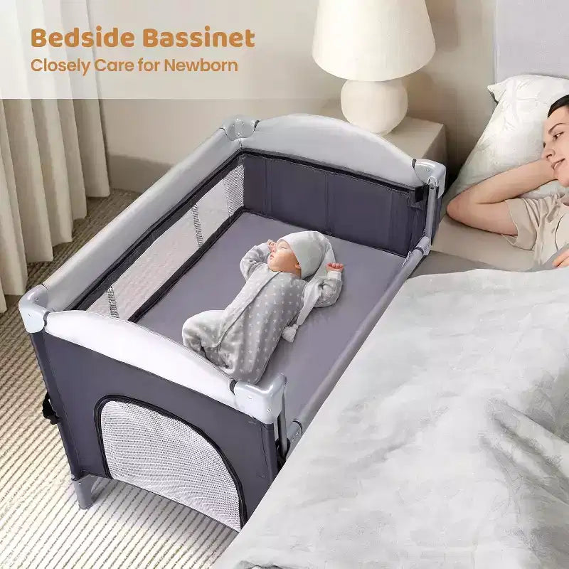 JOYMOR 5 in 1 Pack and Play with Bassinet, Diaper Changing Table for Newborn Infant, Portable Baby Playpen for Babies and Toddlers (Gray)