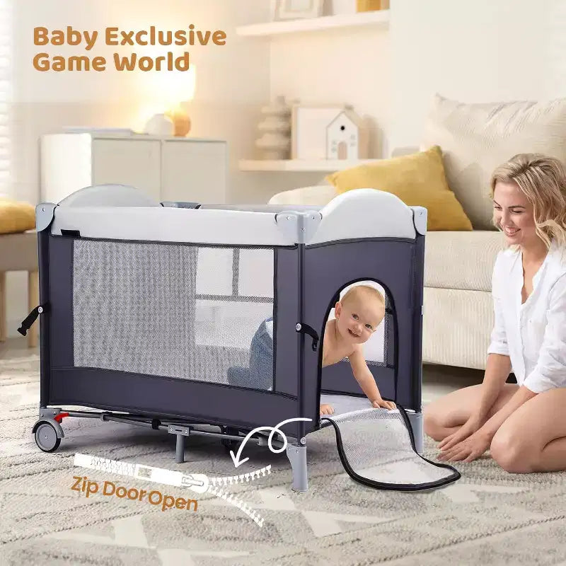 JOYMOR 5 in 1 Pack and Play with Bassinet, Diaper Changing Table for Newborn Infant, Portable Baby Playpen for Babies and Toddlers (Gray)