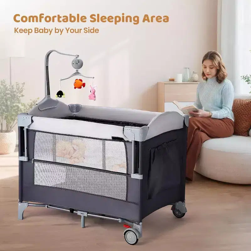JOYMOR 5 in 1 Pack and Play with Bassinet, Diaper Changing Table for Newborn Infant, Portable Baby Playpen for Babies and Toddlers (Gray)