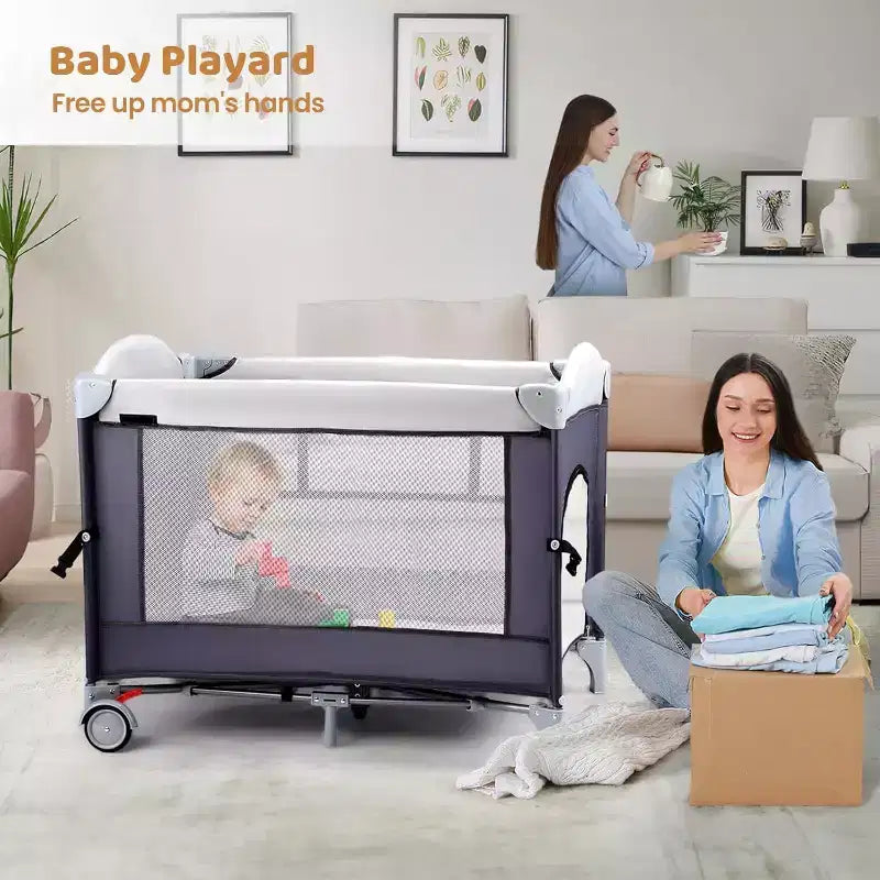 JOYMOR 5 in 1 Pack and Play with Bassinet, Diaper Changing Table for Newborn Infant, Portable Baby Playpen for Babies and Toddlers (Gray)