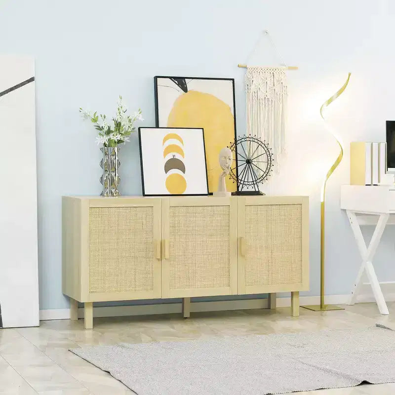 Boho Kitchen Cabinet, Buffet Cabinet with 3 Rattan Doors and Adjustable Shelves for Dining Room