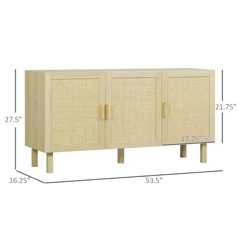 Boho Kitchen Cabinet, Buffet Cabinet with 3 Rattan Doors and Adjustable Shelves for Dining Room