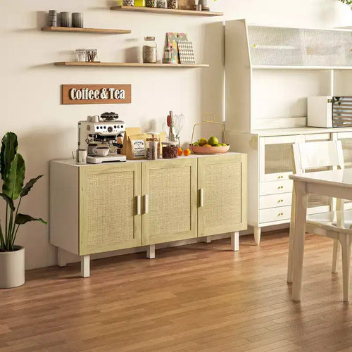 Boho Kitchen Cabinet, Buffet Cabinet with 3 Rattan Doors and Adjustable Shelves for Dining Room