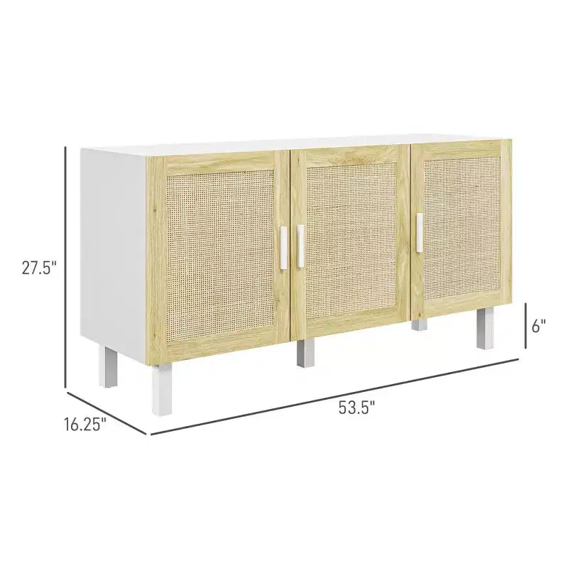 Boho Kitchen Cabinet, Buffet Cabinet with 3 Rattan Doors and Adjustable Shelves for Dining Room