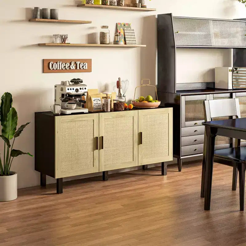 Boho Kitchen Cabinet, Buffet Cabinet with 3 Rattan Doors and Adjustable Shelves for Dining Room