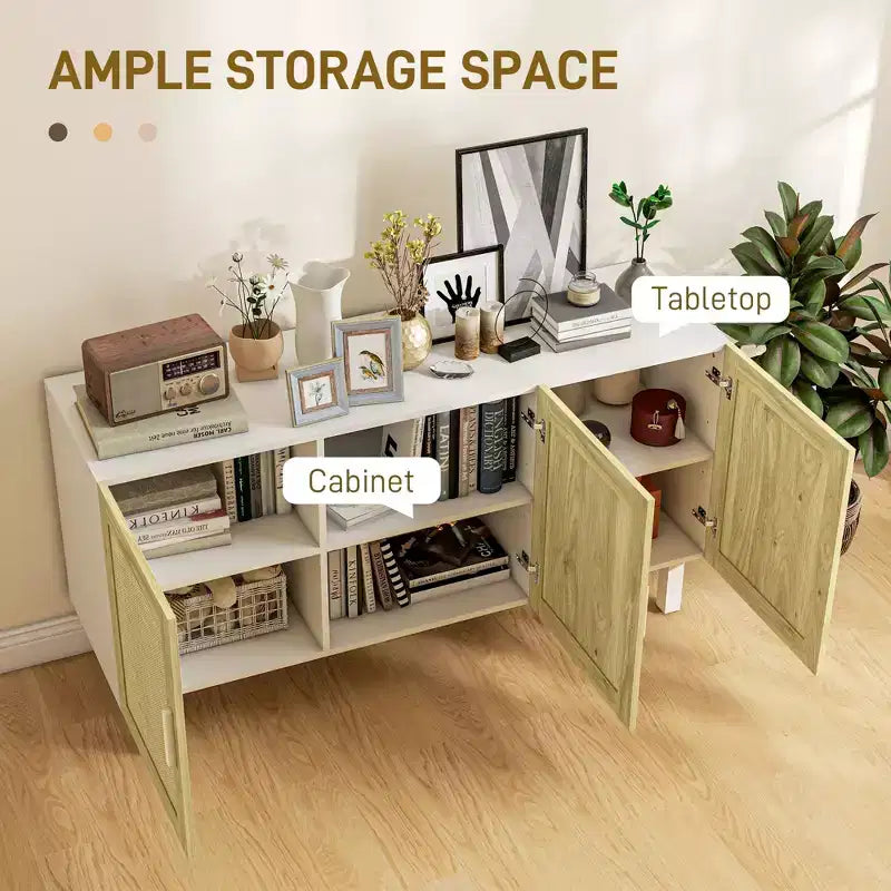 Boho Kitchen Cabinet, Buffet Cabinet with 3 Rattan Doors and Adjustable Shelves for Dining Room