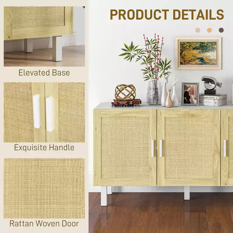 Boho Kitchen Cabinet, Buffet Cabinet with 3 Rattan Doors and Adjustable Shelves for Dining Room