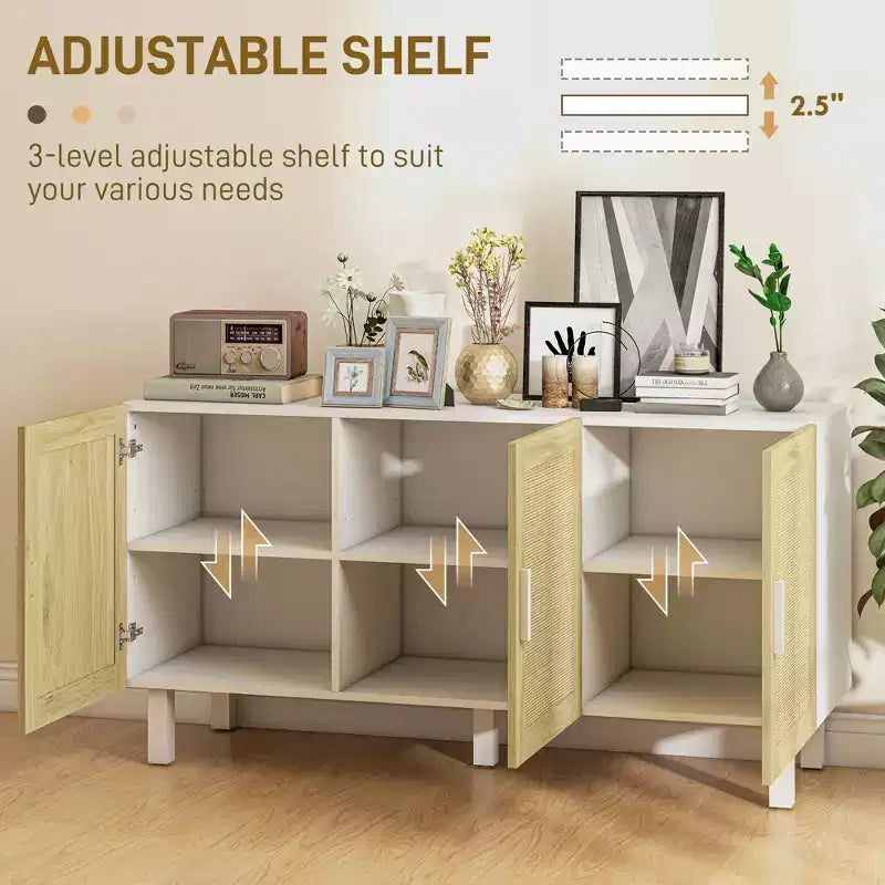 Boho Kitchen Cabinet, Buffet Cabinet with 3 Rattan Doors and Adjustable Shelves for Dining Room