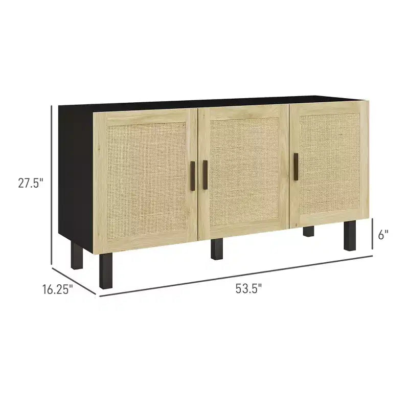 Boho Kitchen Cabinet, Buffet Cabinet with 3 Rattan Doors and Adjustable Shelves for Dining Room