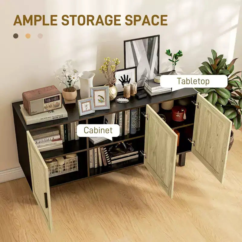 Boho Kitchen Cabinet, Buffet Cabinet with 3 Rattan Doors and Adjustable Shelves for Dining Room