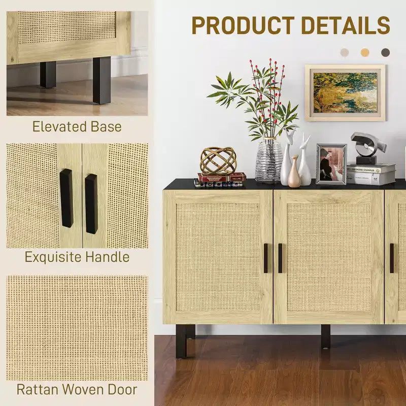 Boho Kitchen Cabinet, Buffet Cabinet with 3 Rattan Doors and Adjustable Shelves for Dining Room