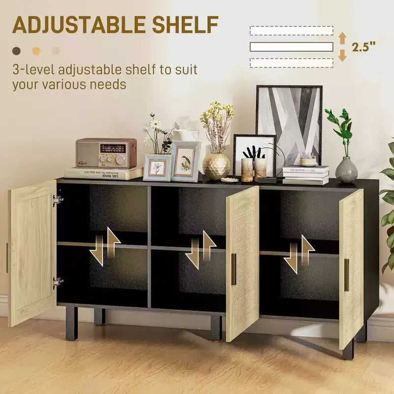 Boho Kitchen Cabinet, Buffet Cabinet with 3 Rattan Doors and Adjustable Shelves for Dining Room