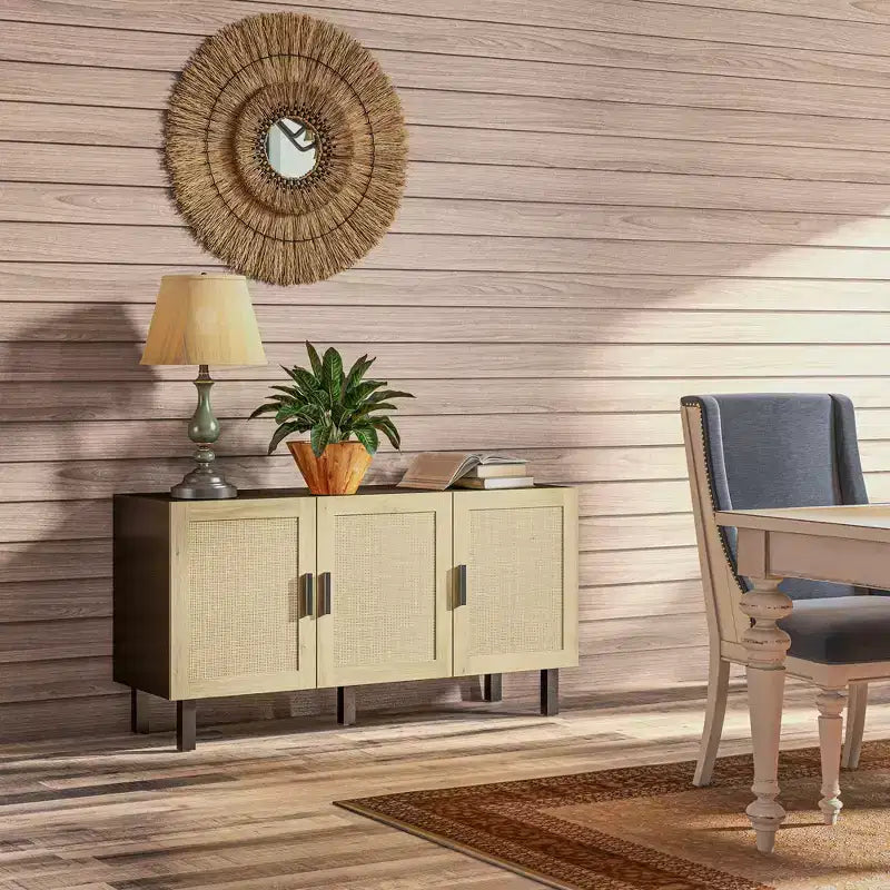 Boho Kitchen Cabinet, Buffet Cabinet with 3 Rattan Doors and Adjustable Shelves for Dining Room