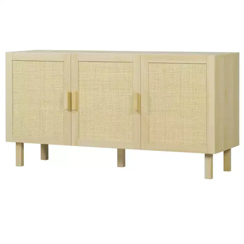 Boho Kitchen Cabinet, Buffet Cabinet with 3 Rattan Doors and Adjustable Shelves for Dining Room