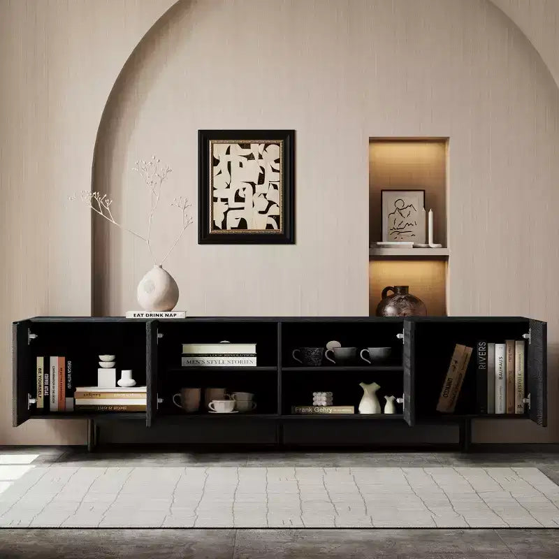 Luck Live Mid-Century Modern Black TV Stand with Adjustable Shelves, Soft-Close Hinges & Cable Management, 70.87 Media Console for Living Room