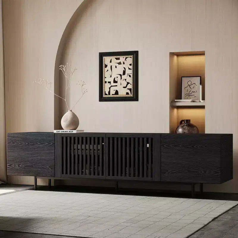 Luck Live Mid-Century Modern Black TV Stand with Adjustable Shelves, Soft-Close Hinges & Cable Management, 70.87 Media Console for Living Room