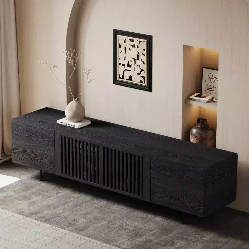 Luck Live Mid-Century Modern Black TV Stand with Adjustable Shelves, Soft-Close Hinges & Cable Management, 70.87 Media Console for Living Room