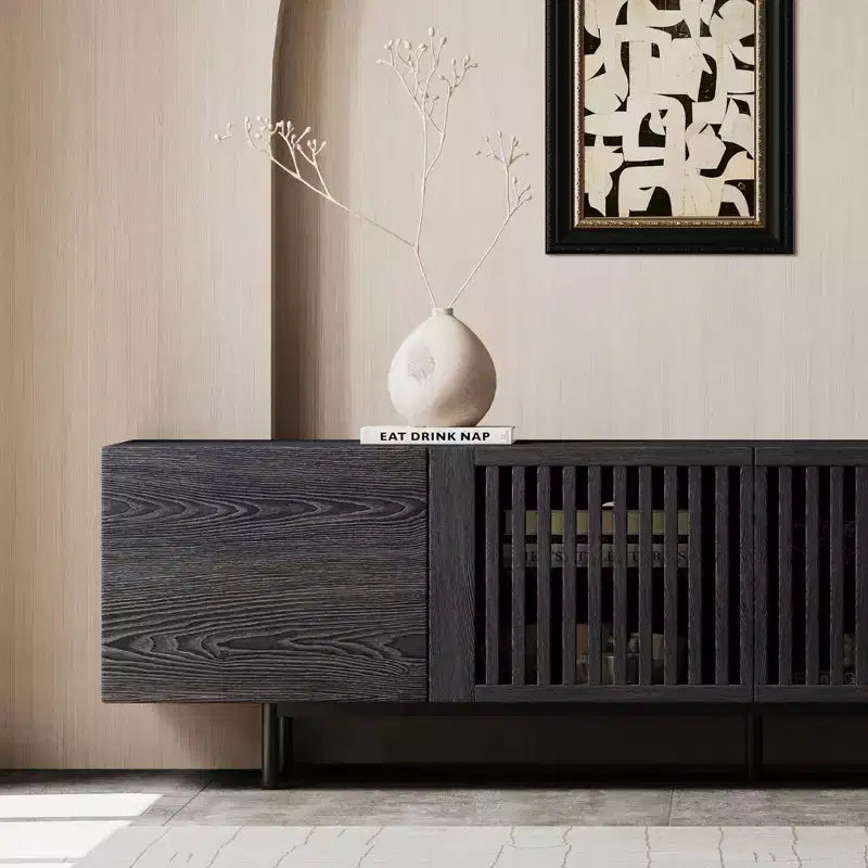 Luck Live Mid-Century Modern Black TV Stand with Adjustable Shelves, Soft-Close Hinges & Cable Management, 70.87 Media Console for Living Room