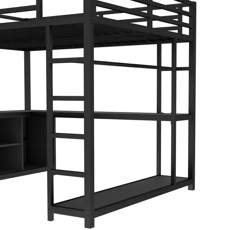 Bellemave Queen Metal Loft Bed with L-Shaped Desk, Wardrobe, Storage Shelves & Cubes, Space-Saving Loft Bed for Teens & Adults, Black