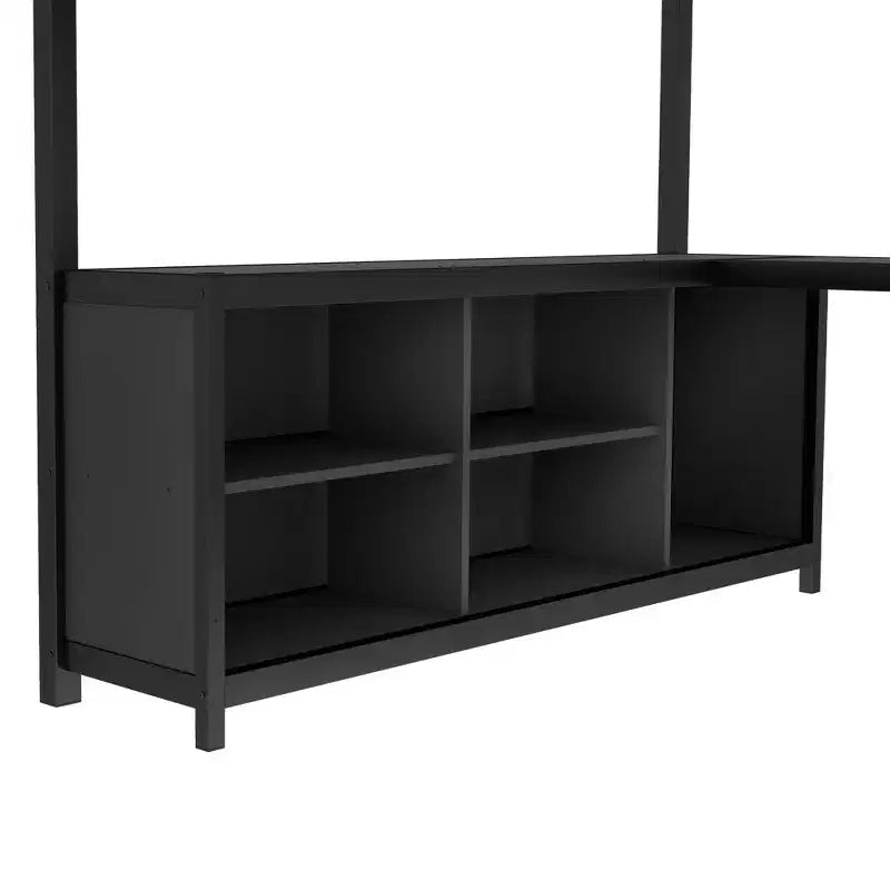 Bellemave Queen Metal Loft Bed with L-Shaped Desk, Wardrobe, Storage Shelves & Cubes, Space-Saving Loft Bed for Teens & Adults, Black
