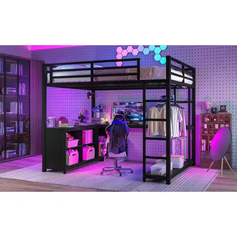Bellemave Queen Metal Loft Bed with L-Shaped Desk, Wardrobe, Storage Shelves & Cubes, Space-Saving Loft Bed for Teens & Adults, Black