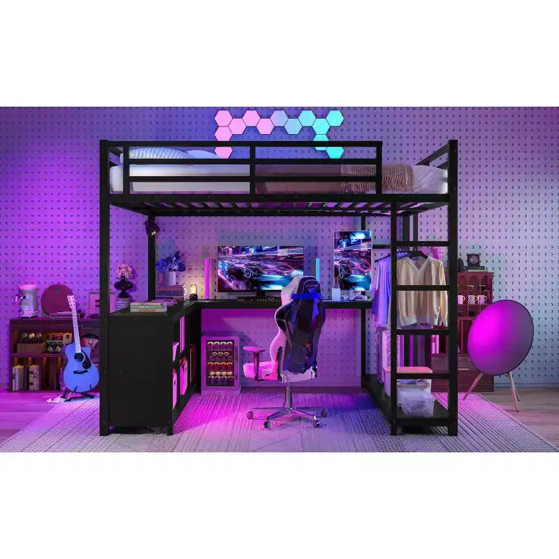 Bellemave Queen Metal Loft Bed with L-Shaped Desk, Wardrobe, Storage Shelves & Cubes, Space-Saving Loft Bed for Teens & Adults, Black