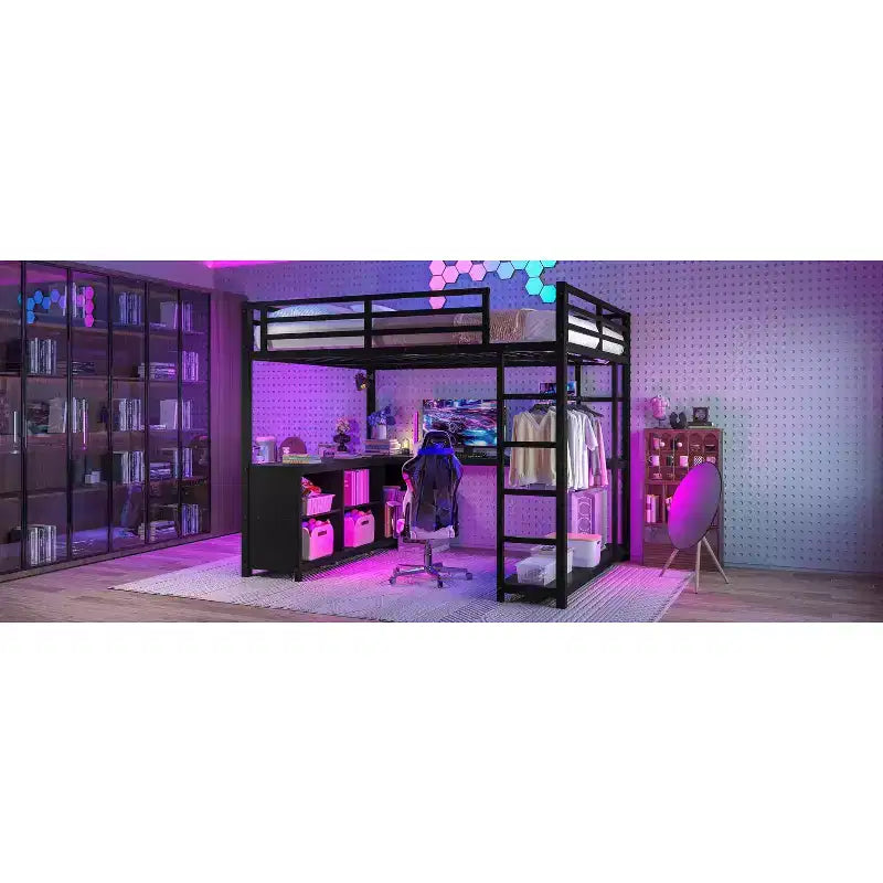 Bellemave Queen Metal Loft Bed with L-Shaped Desk, Wardrobe, Storage Shelves & Cubes, Space-Saving Loft Bed for Teens & Adults, Black
