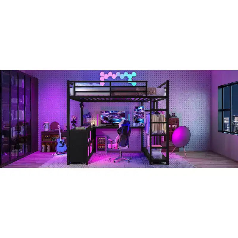 Bellemave Queen Metal Loft Bed with L-Shaped Desk, Wardrobe, Storage Shelves & Cubes, Space-Saving Loft Bed for Teens & Adults, Black