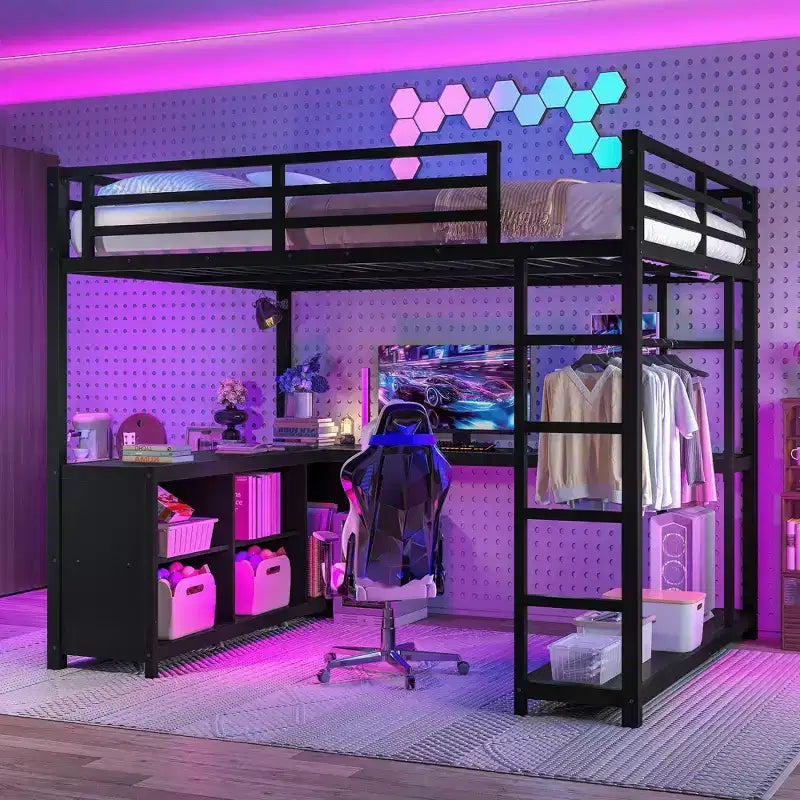 Bellemave Queen Metal Loft Bed with L-Shaped Desk, Wardrobe, Storage Shelves & Cubes, Space-Saving Loft Bed for Teens & Adults, Black